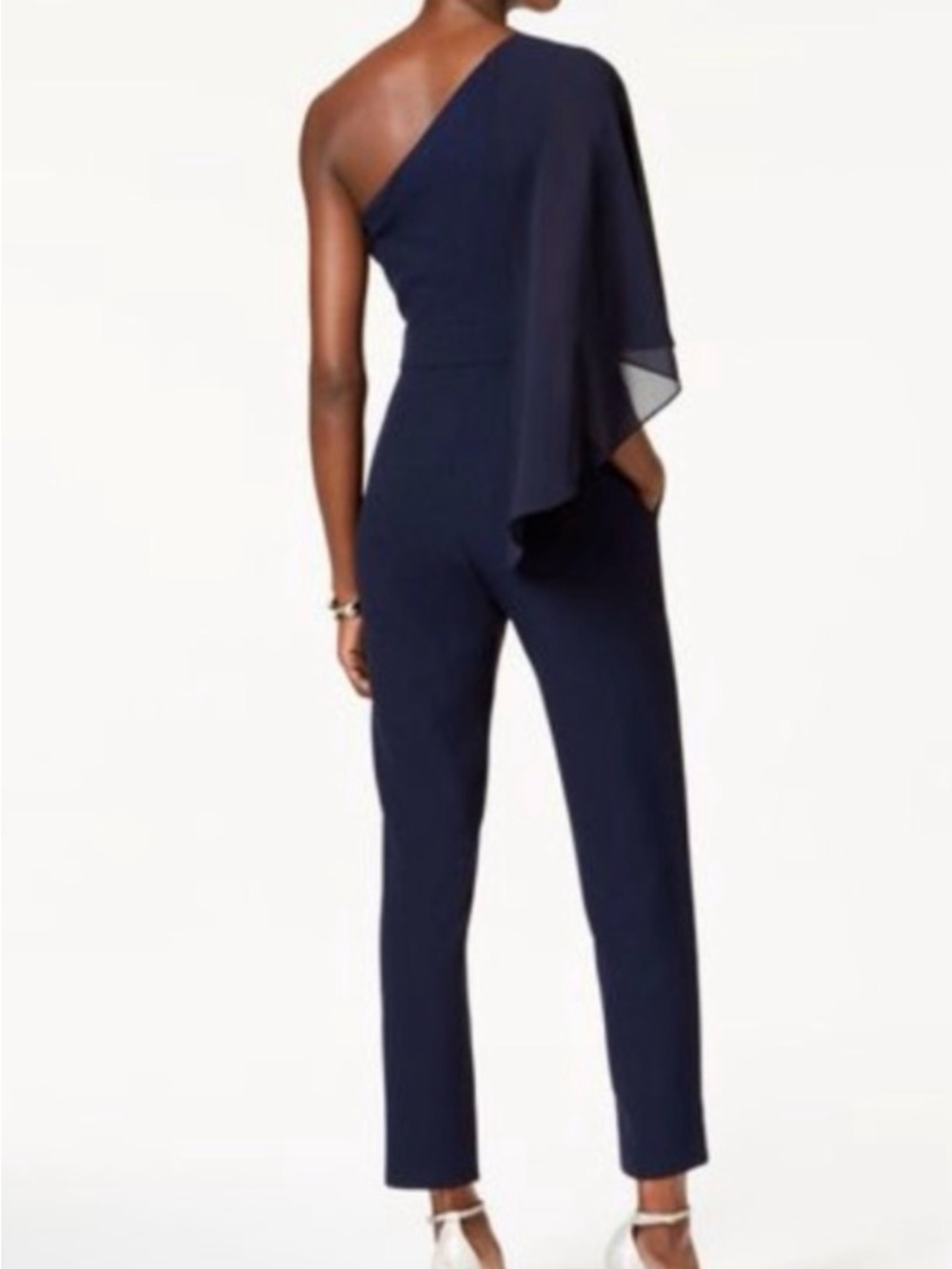 Vince Camuto One-Shoulder Navy Jumpsuit Chiffon Drape Sz 8 (DJ3) - Picture 1 of 9